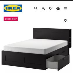 IKEA Bed frame with storage & headboard, black/Luröy