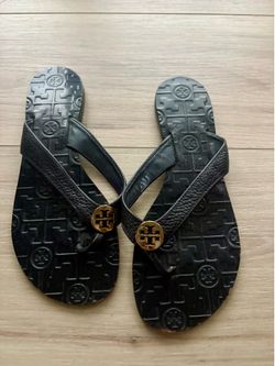Tory Burch Thora sandals, size 7, Navy/black leather brass