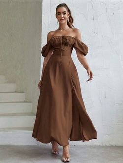 Small Off-Shoulder Brown Maxi Dress with Puff Sleeves