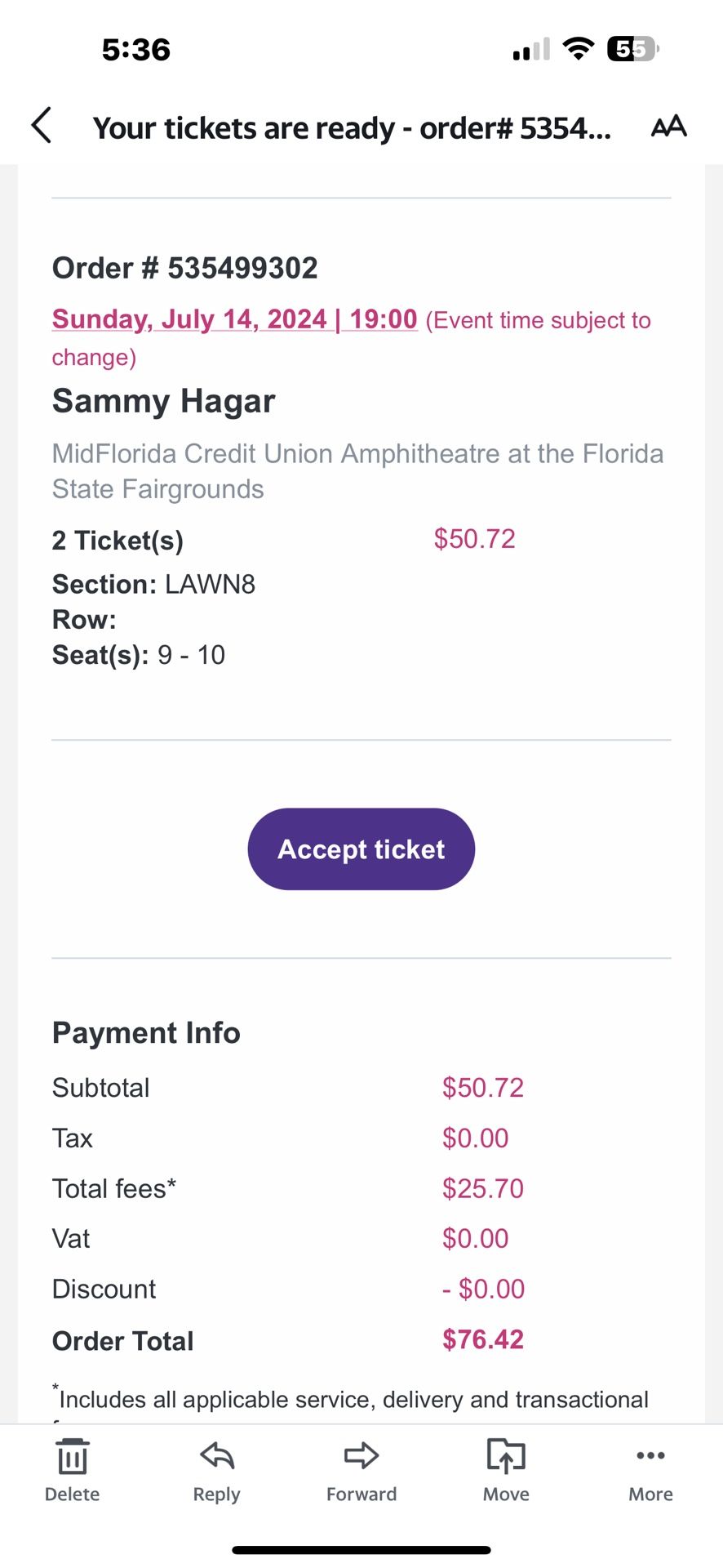 Sammy Hagar Ticket For Sunday