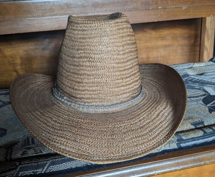 For Sale, Really Neat Brown Straw Hat With Metal Silver Band, . Size 7 $45