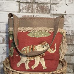 Elephant Canvas Hand Bag Shoulder Bag Tote Crochet Lace Button Leaves NWOT