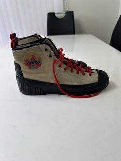 Kenzo Men's Beige Black Red Suede Combat Ankle Boots, Logo Accent, Lace Up