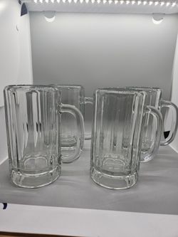 Set of 4 Vintage Heavy Clear Glass Beer Mug Stein 10 Panel Tankard Barware Stamped T