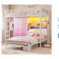 🛏️ NEW! Twin XL Over Twin Bunk Bed w/ Desk + LED Lights – LOADED Setup!