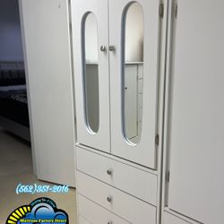 Tall Wardrobe Closet White Wood- 3 Drawer & Mirror 