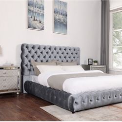 Queen Size Bed Frame Only Grey Velvet