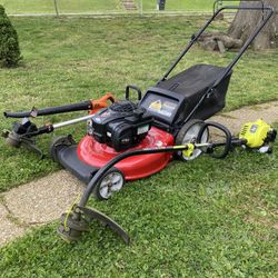 YardMachine Push Mower With Bag, Black+Decker Wacker And Blower With 40v Battery With Charger, Ryobi 2 Cycle Curve Wacker! Everything Works Great!