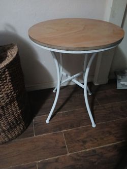 Round Wood Top Side Table White Metal Base