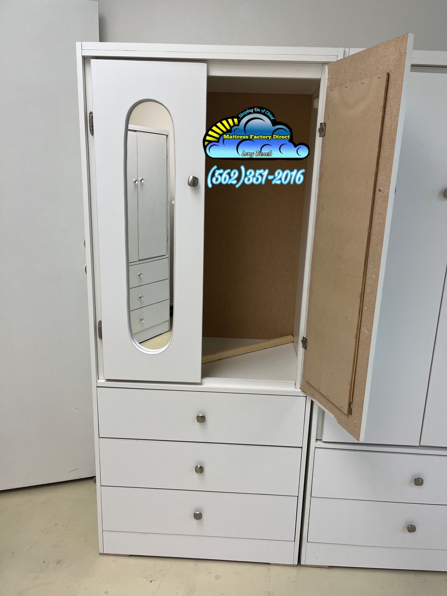 Tall White Wardrobe Closet With Mirror And 3 Drawers