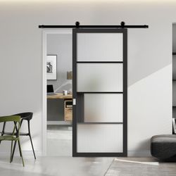 36"x84" Glass Barn Door, 4-Panel Painted Matt Black Reeded Safety Glass Wood Framed Door Slab with 6FT Hardware Kits & Handles, Wear-Resistant & Scrat