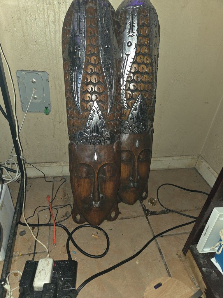 ×2 31/2 Ft Tall Hand Carved Wood Decortive Masks