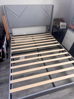 Full Size Grey Upholstered Platform Bed Frame – Modern Geometric Headboard