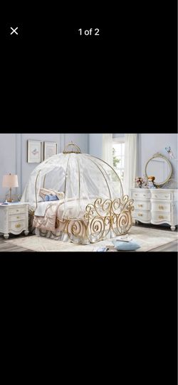 Disney Princess queen size bed frame shaped like Cinderella’s carriage, silver