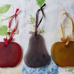 Vintage Set Of 1 Red Apple, 1 Orange.1 Pear . Glass  Cluster Ornaments 3” Each