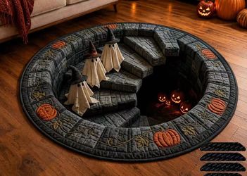 3D Halloween Rug 6ft Round, Optical Illusion Ghost Pumpkin Mat