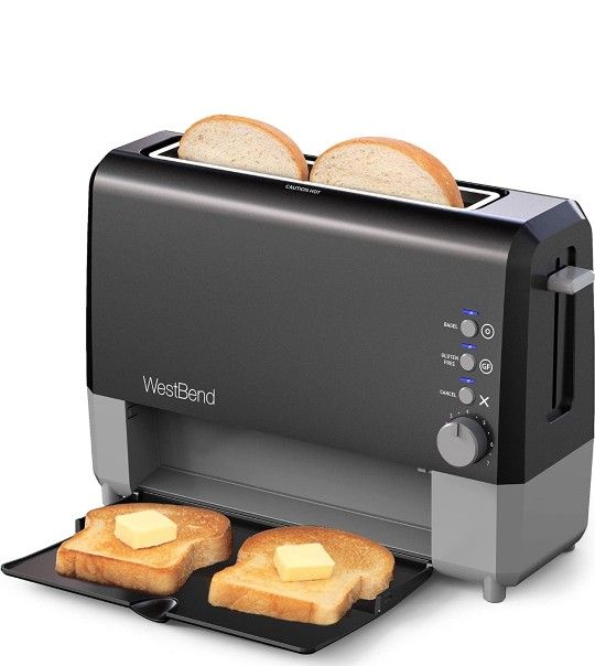 West Bend 77224 Toaster 2 Slice QuikServe Wide Slot Slide Through with Bagel and Gluten-Free Settings and Cool Touch Exterior Includes Removable Servi