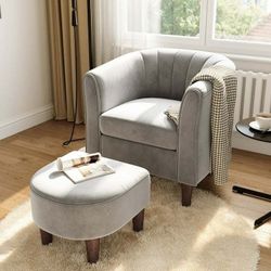 Velvet Accent Chair with Ottoman for Living Room, Light Grey