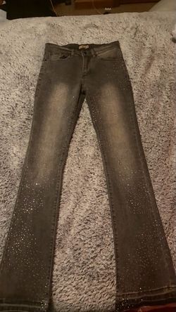 Gray Rhinestone Embellished Flare Jeans
