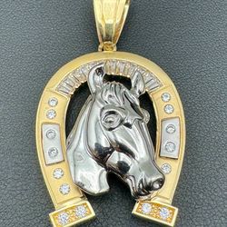 14k two tone gold Horse head in Horseshoe CZ stone Pendant Charm 13.4 grams