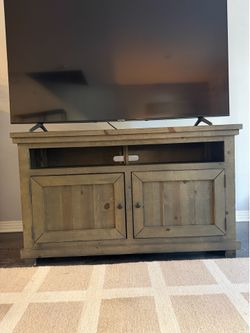Rustic Gray Wood TV Stand – 2-Door Cabinet w/ Open Cubby Storage
