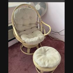 Vintage Rattan Swivel Chair With Ottoman 