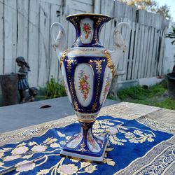 Vintage Blue and Gold Porcelain Vase Porcelain D’art
