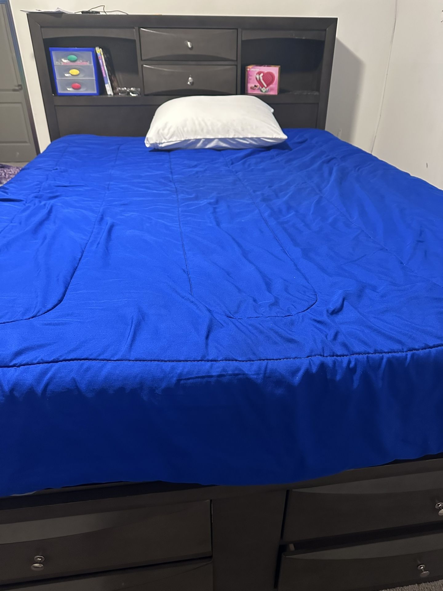 Queen Storage Bed with Attached Dresser Drawers & Shelves. Mattress & Box Spring Included