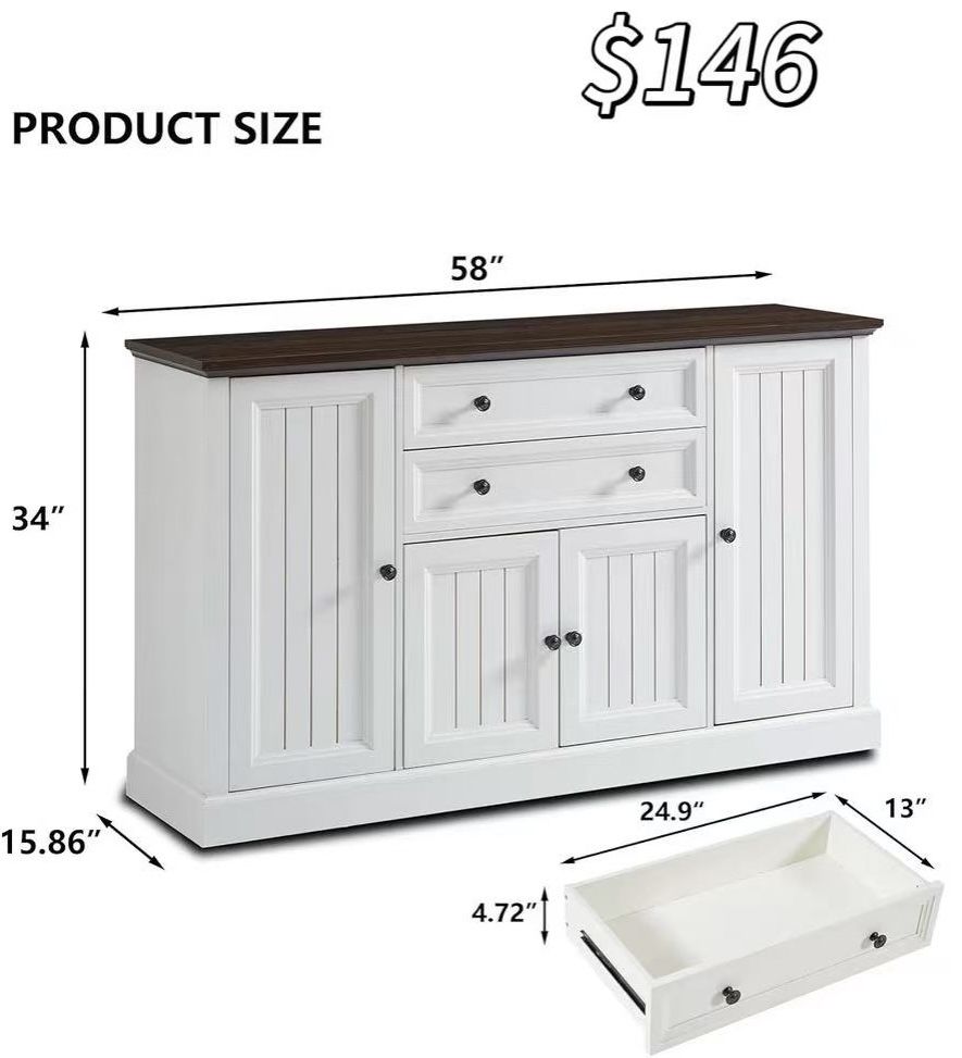 ✌️ Farmhouse 58" Buffet Cabinet with Storage, 34" Tall Coffee Bar Cabinet w/2 Large Drawers & 4 Grooved Barn Doors, Wood Rustic Sideboard