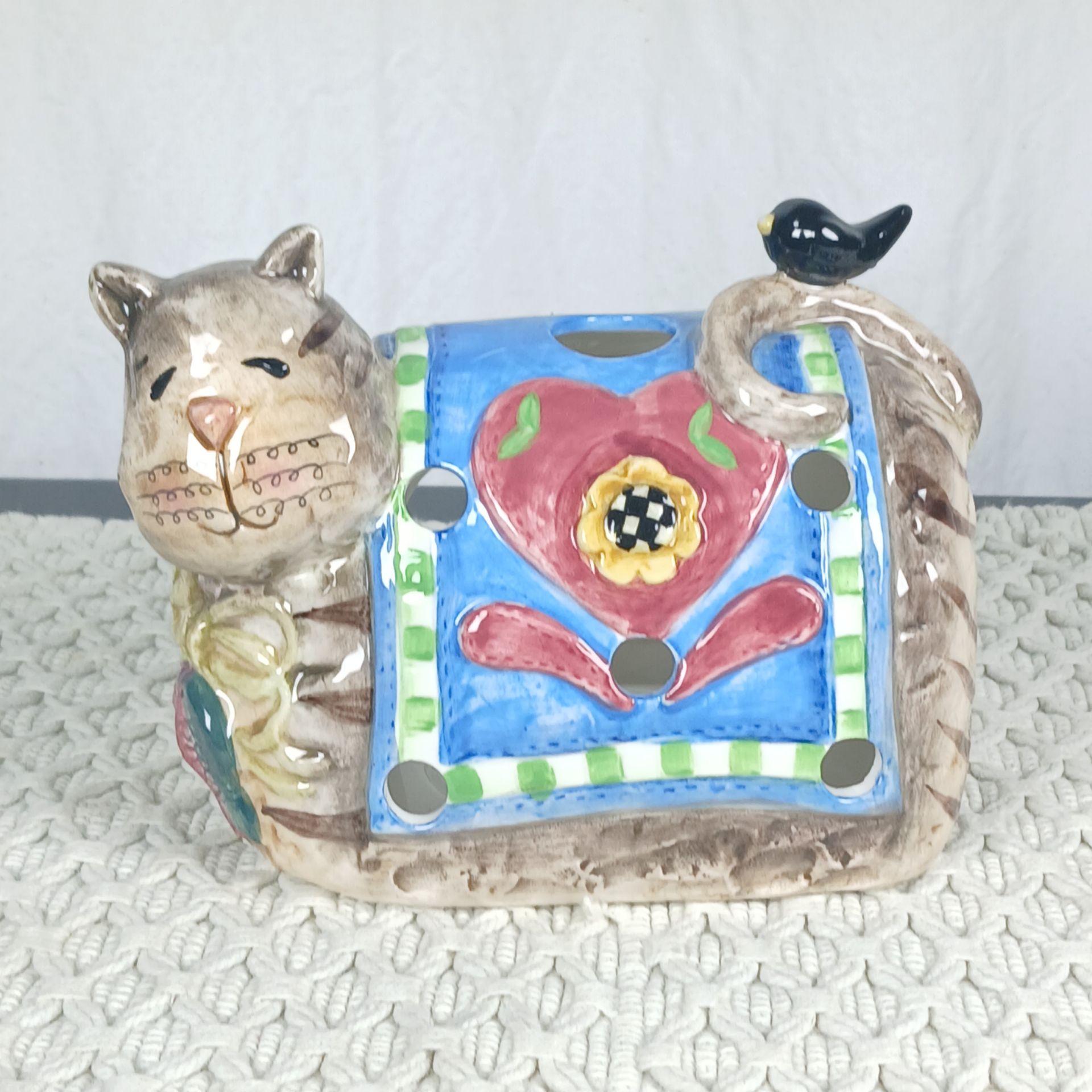 Vtg Ganz The Cat, Crow, and Quilt Figurine Tealight Candle Holder Home Decor
