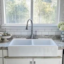 SINKOLOGY 34 in. Farmhouse/Apron-Front Double Bowl White Fireclay Kitchen Sink with Bottom Grid 