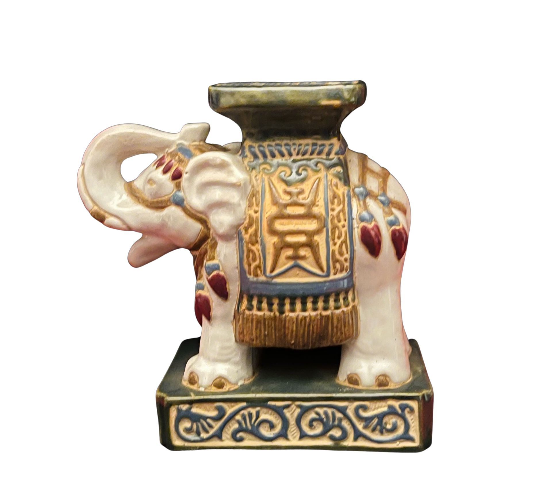 💕 Vintage NEW Small Asian Ceramic Glazed White, Green, Multicolored ELEPHANT Statue, Plant Stand, Bookend 💕
