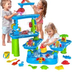 Kids Water Table 6-Tier Sand and Water, Rotatable Activity Pool with Beach Toys Set, Outdoor Fun for Patio, Backyard, Playground, Picnic, Park