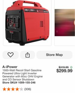 A-iPower 1500-Watt Recoil Start Gasoline Powered Ultra-Light Inverter Generator with 60cc OHV Engine and CO Sensor Shutdown