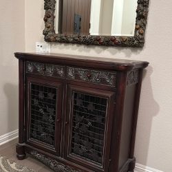 Carved Wood & Iron Wine Console W/ Mirror