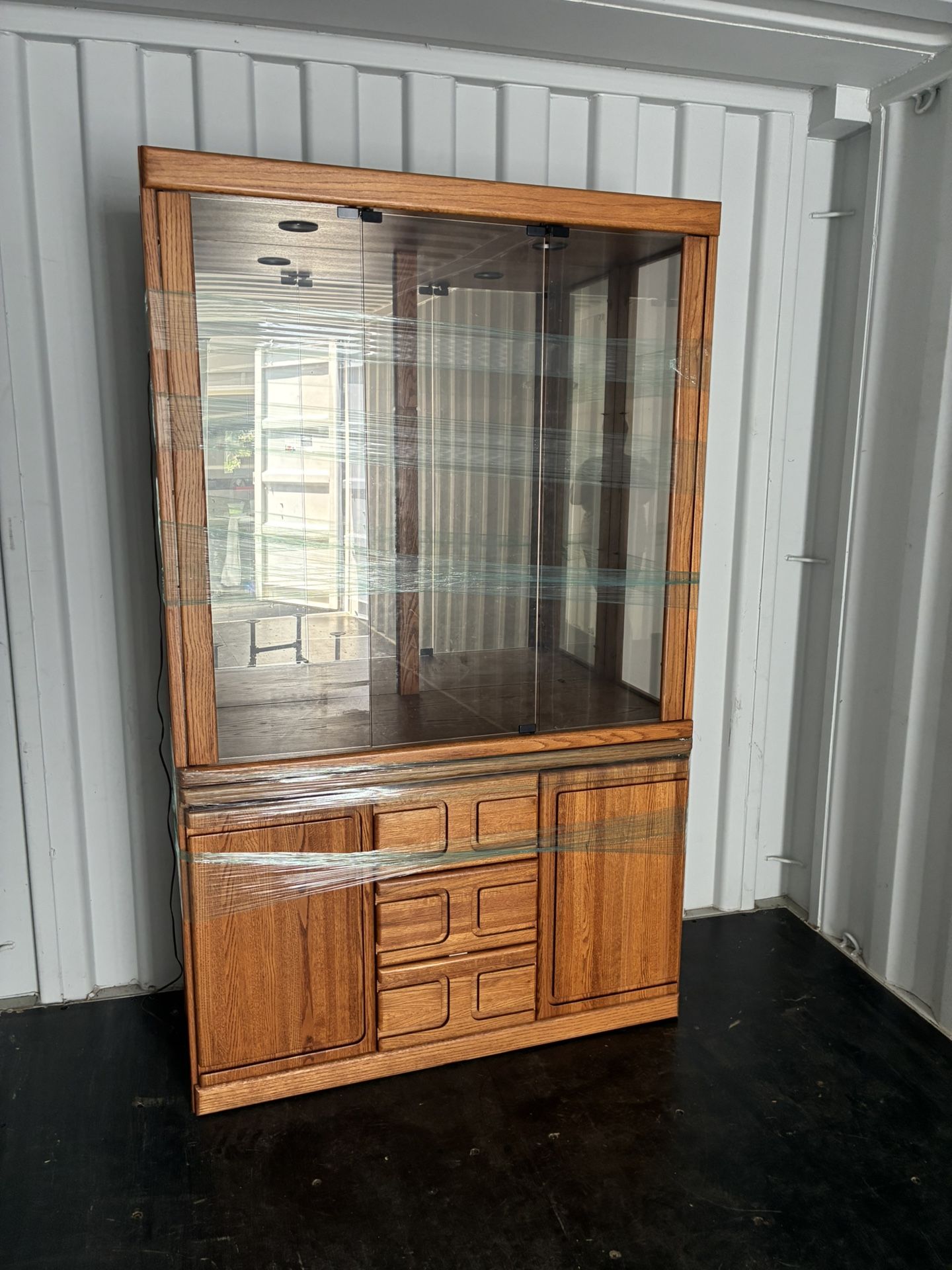 Solid Oak Lighted Hutch