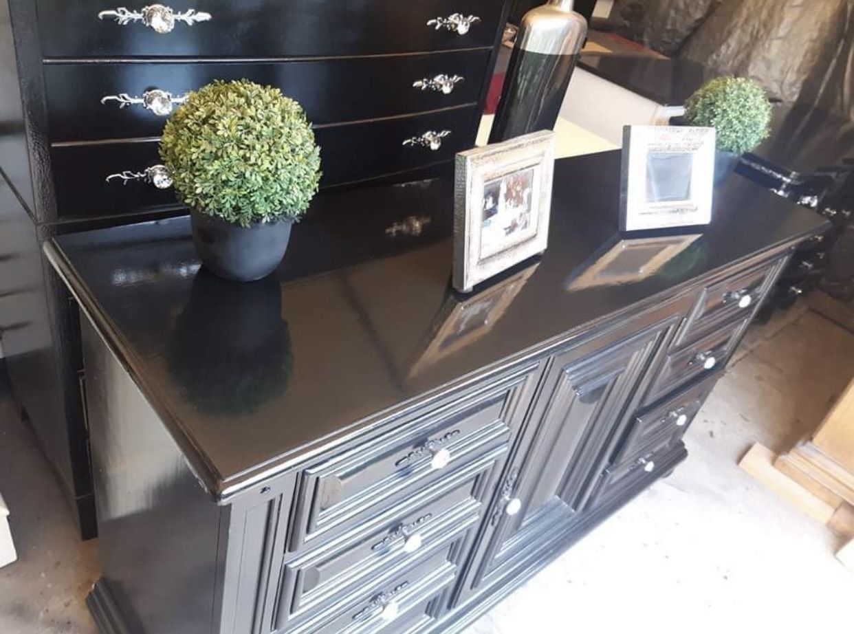Oversized Wooden Dresser With Oversized Mirror Colors Black And Silver Has Been Refurbished!🌺