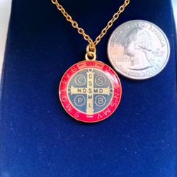 Saint Benedict Gold Plated Medal on either an 18 inch or 24 inch gold plated chain. Patron Saint to keep away evil.