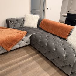 Modern Grey Velvet Tufted Sectional