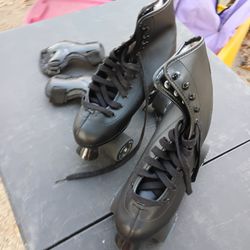 Vintage Black Leather Roller Skates with Protective Gear