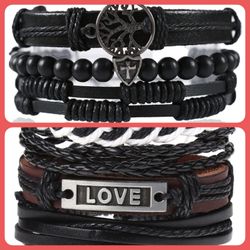 2 x Set Adjust. Size up to 9.5inc Leather Bracelet, Tree of Life (Black-Love)