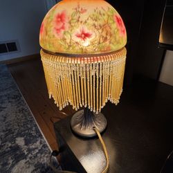Vintage Bohemian Boudoir Glass Dome Beaded Tassel Art Deco Light Table Lamp