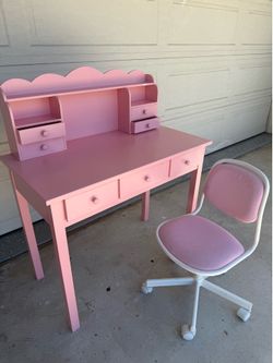 Pink Wooden Writing Desk with Hutch + Matching Rolling Chair