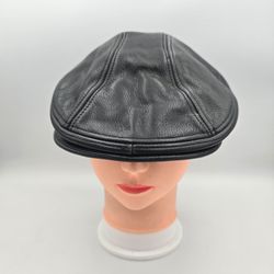 Vintage Unbranded Black Made In USA Genuine Leather Newsboy Ivy HatSize L/XL