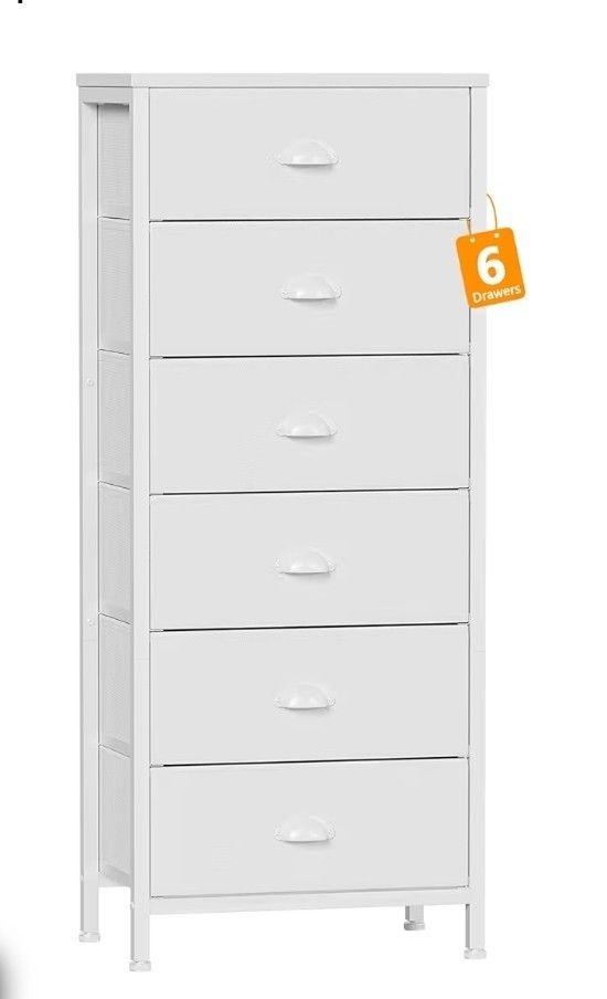 Furnulem White Tall Dresser for Bedroom,Vertical Storage Tower Unit and End Table with 6 Fabric Drawers, Nightstand Furniture with Drawer Organizer in