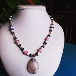 Handmade Glass Bead Necklace – Pink Tree of Life Pendant – 20"