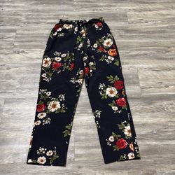 Black Floral Wide-Leg Pants with Tie Waist
