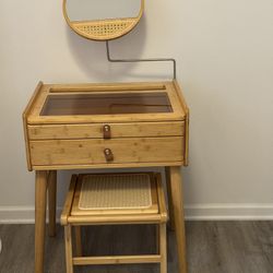 wooden vanity table with mirror and stool 
