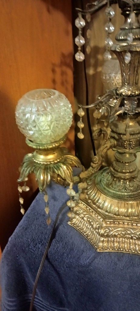 Pair Of Antique Lamps With Brass And Crystals