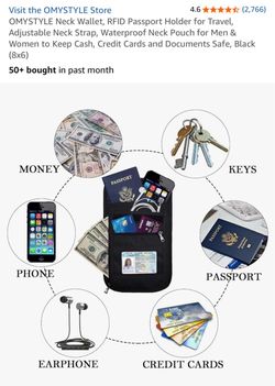 OMYSTYLE Neck Wallet, RFID Passport Holder for Travel, Adjustable Neck Strap, Waterproof Neck Pouch for Men & Women to Keep Cash, Credit Cards and Doc